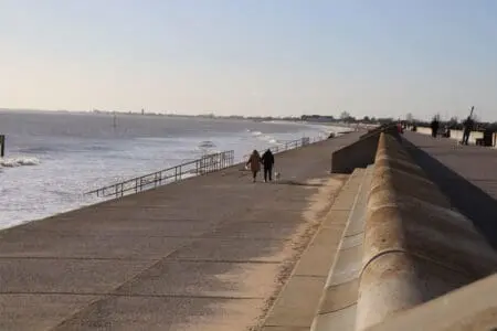 People walking a dog along a promenade by the sea
