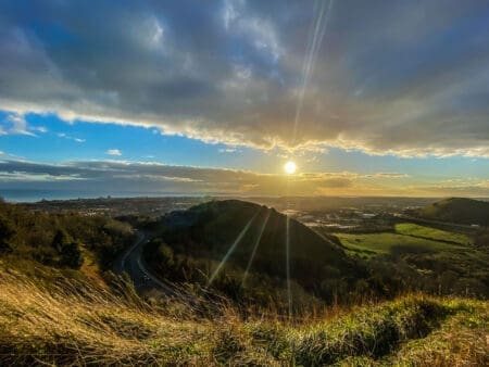 Rolling countryside with Folkestone in the background