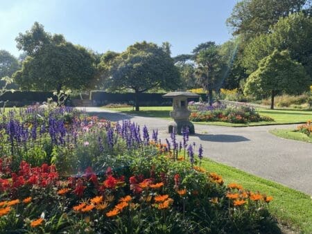 Colourful plants, a statue and mature trees at the background of a green park